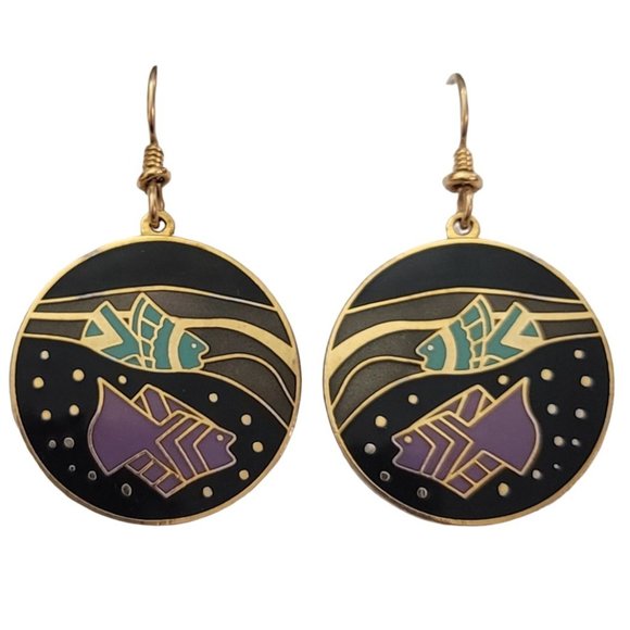 Laurel Burch Purple Green Black Enamel Tropical Fish French Hook Earrings, K895 - Picture 1 of 6